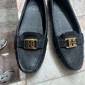 Tory Burch Black Textured Loafers with Gold Emblem